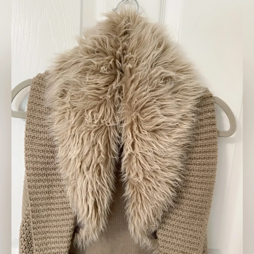 Dolled Up Tan Knit Vest with Faux Fur Collar